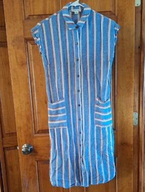 Striped Button-Front Blue Linen Blend Shirt Dress Monteau Los Angeles Xs